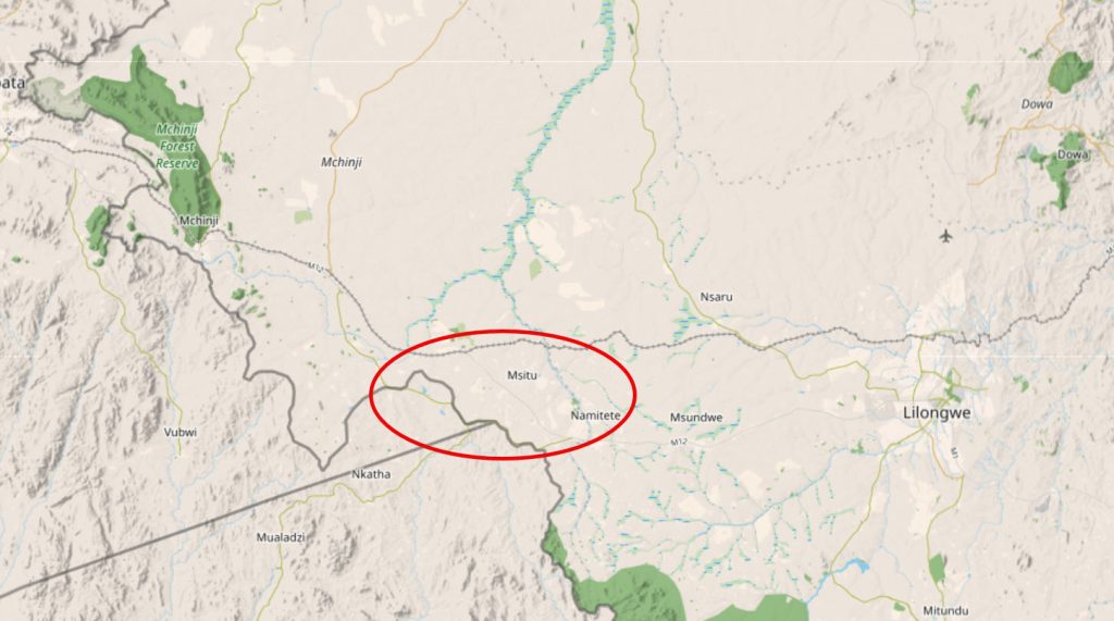 Kaart van Centraal-Malawi met het projectgebied bij Msitu en Namitete omcirkeld, ten westen van Lilongwe